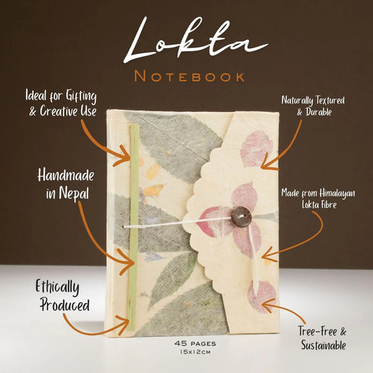 Cuaderno Lokta, hecho a mano en Nepal, color crema con hojas, 45 páginas, ético, libre de árboles y sostenible.
