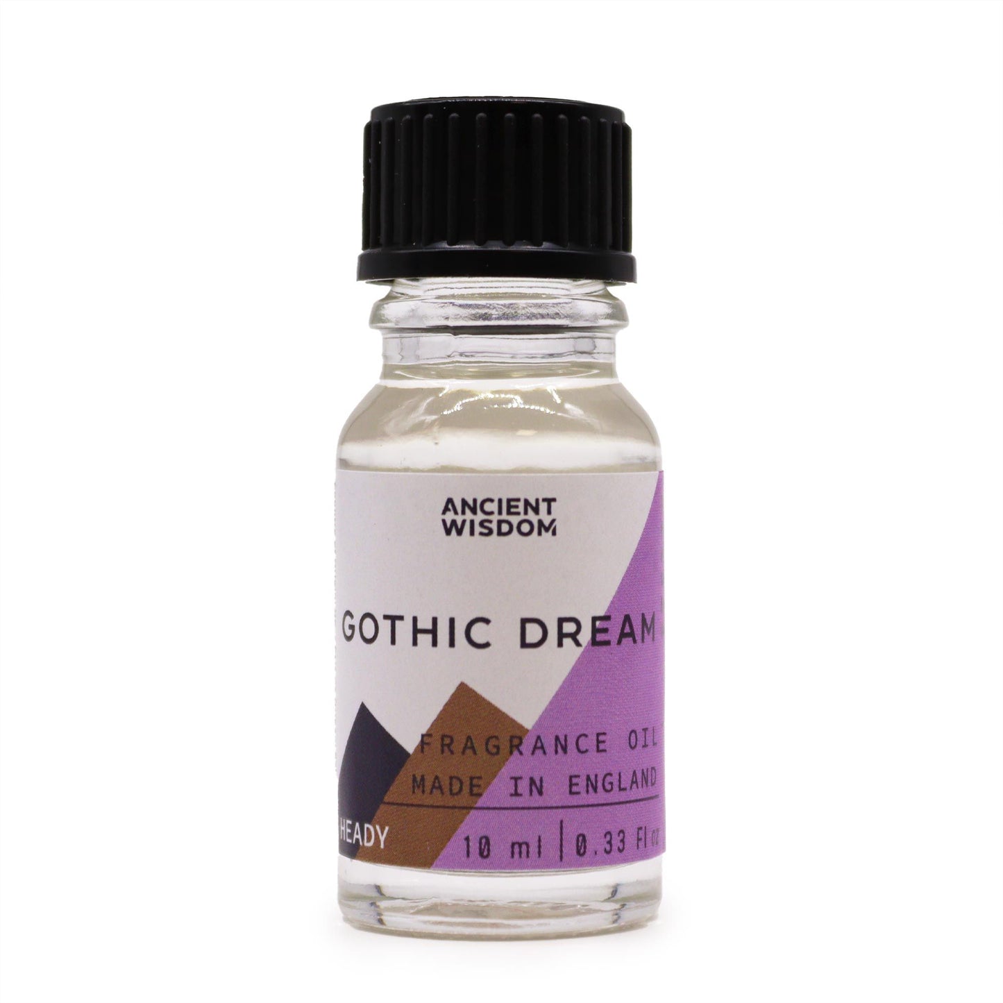 Frasco de vidrio de 10 ml con tapón negro y etiqueta con diseño geométrico en tonos morado, marrón y crema.