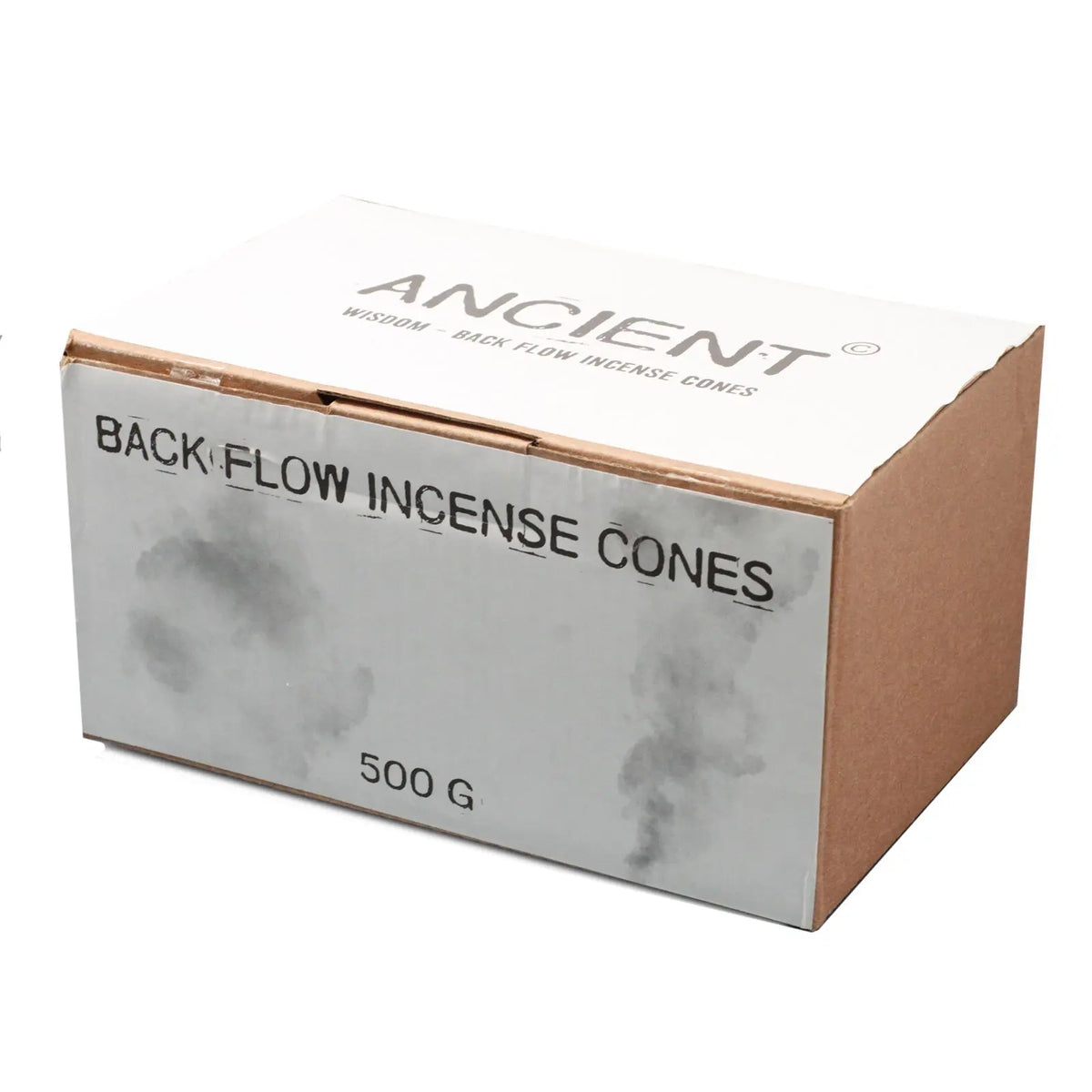 Caja de cartón blanca y marrón con 500g de conos de incienso de flujo inverso para efecto cascada.
