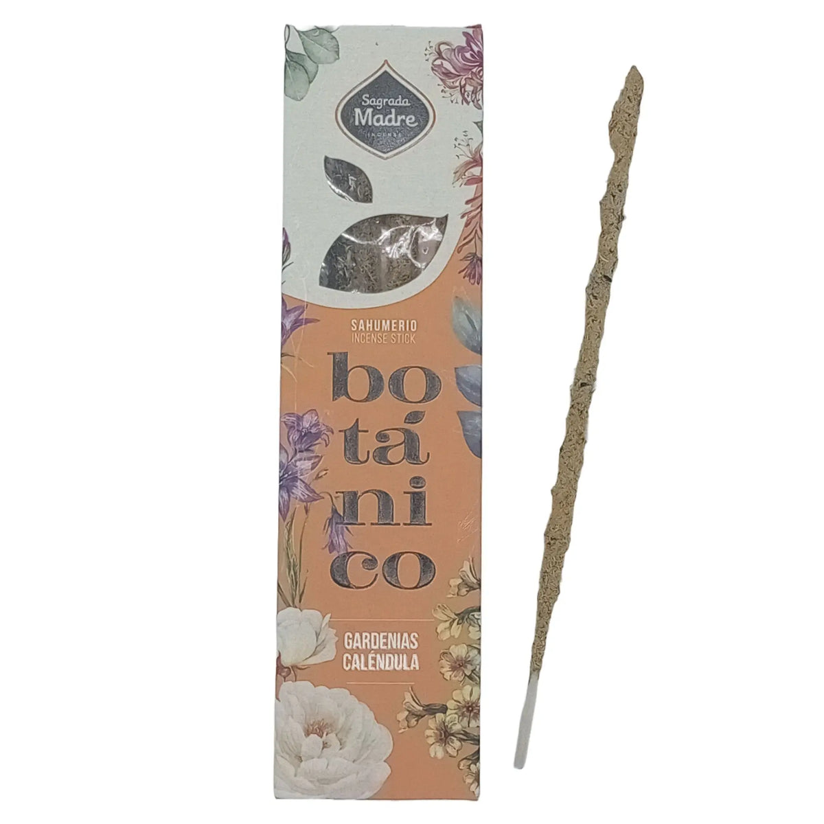 Caja de sahumerio botánico de gardenias y caléndula con flores ilustradas junto a una varita de incienso artesanal.
