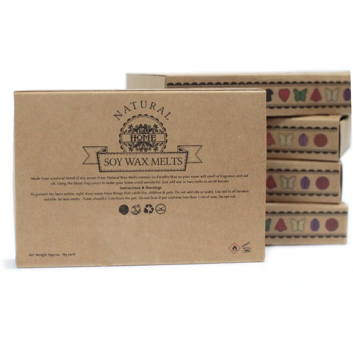 Cajas rectangulares de cartón kraft marrón apiladas, con iconos de flores y mariposas de colores en los laterales.