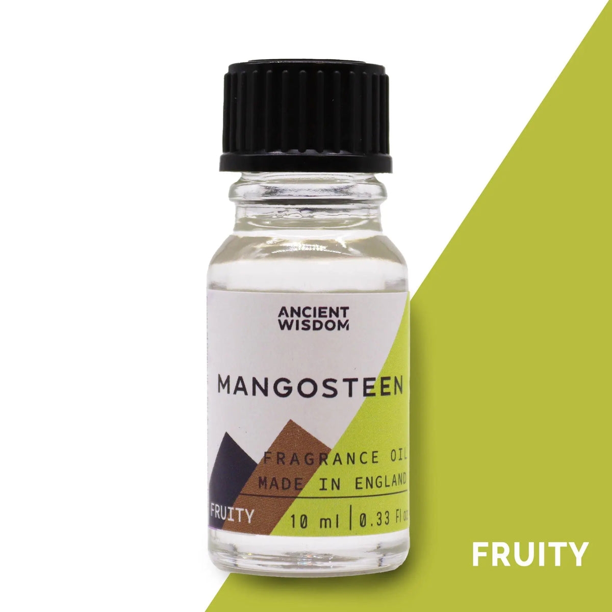 Frasco de vidrio de 10 ml con aceite aromático de mangostán, tapa negra y etiqueta con motivos geométricos verdes.