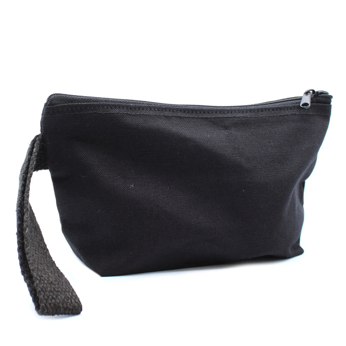Neceser de tela negro de Ancient Wisdom con cremallera y asa lateral, ideal para productos de higiene corporal.