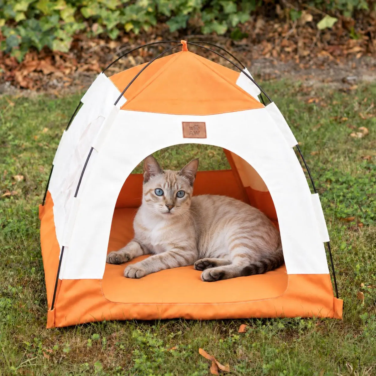 Cama tienda para mascotas beige y naranja de 58 cm