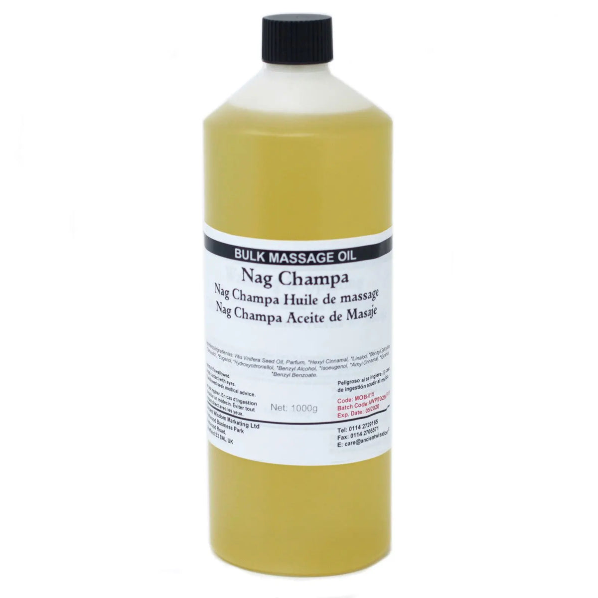 Botella de plástico de 1kg con aceite de masaje color amarillo, tapa negra y etiqueta informativa sobre fondo blanco