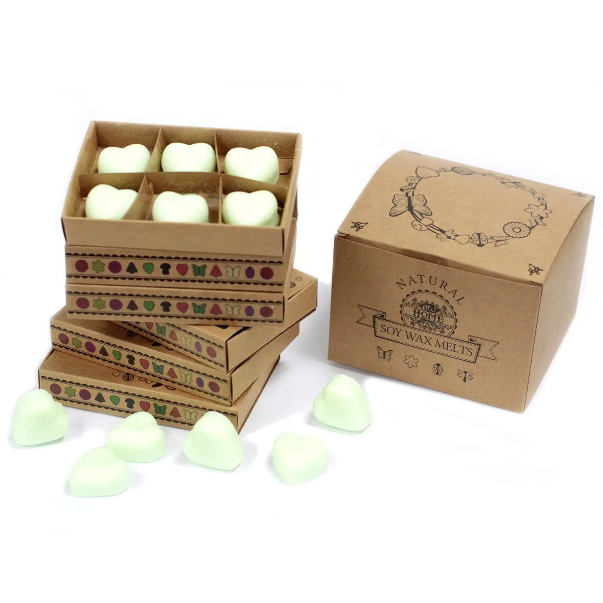 Caja de regalo de cartón con 6 ceras de soja en forma de corazón color verde pálido, sobre fondo blanco.