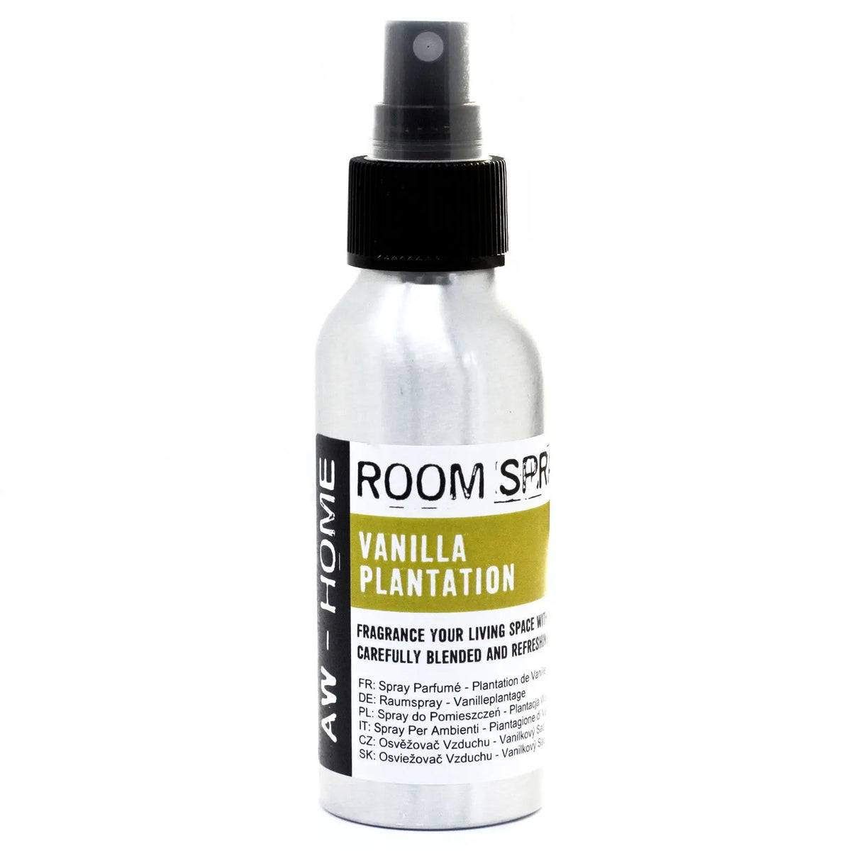 Spray de 100ml en envase de aluminio plateado con dosificador negro y etiqueta de diseño minimalista con tono vainilla