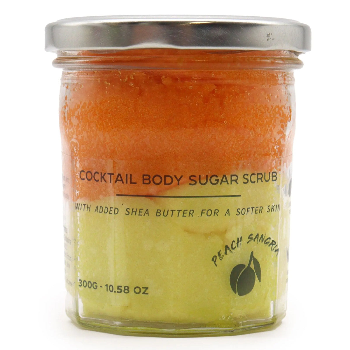 Frasco de vidrio con exfoliante de azúcar bicolor (naranja y amarillo), tapa metálica y etiqueta de 300 g.
