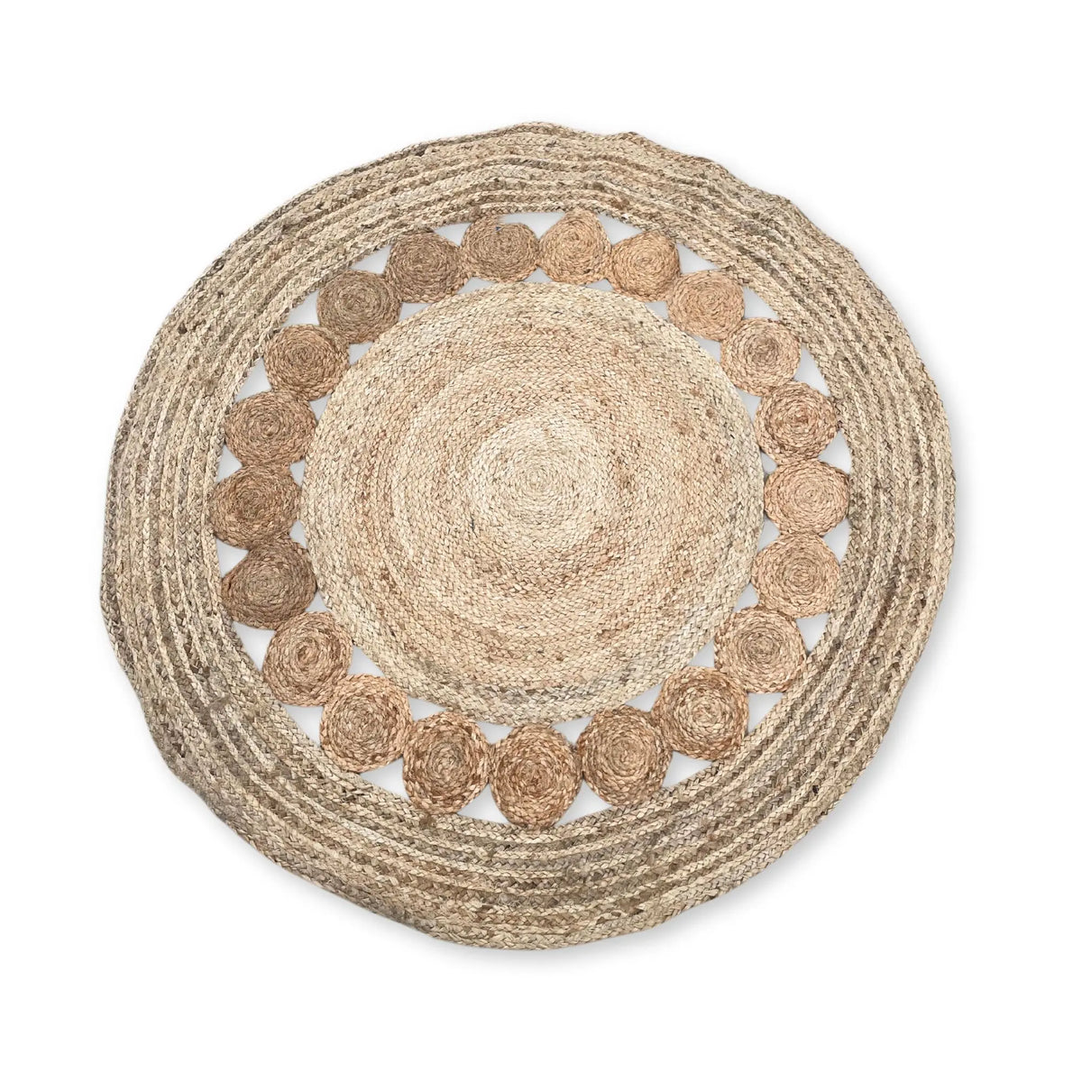 Alfombra redonda artesanal de yute y algodón reciclado, con textura trenzada y diseño de cenefa circular.