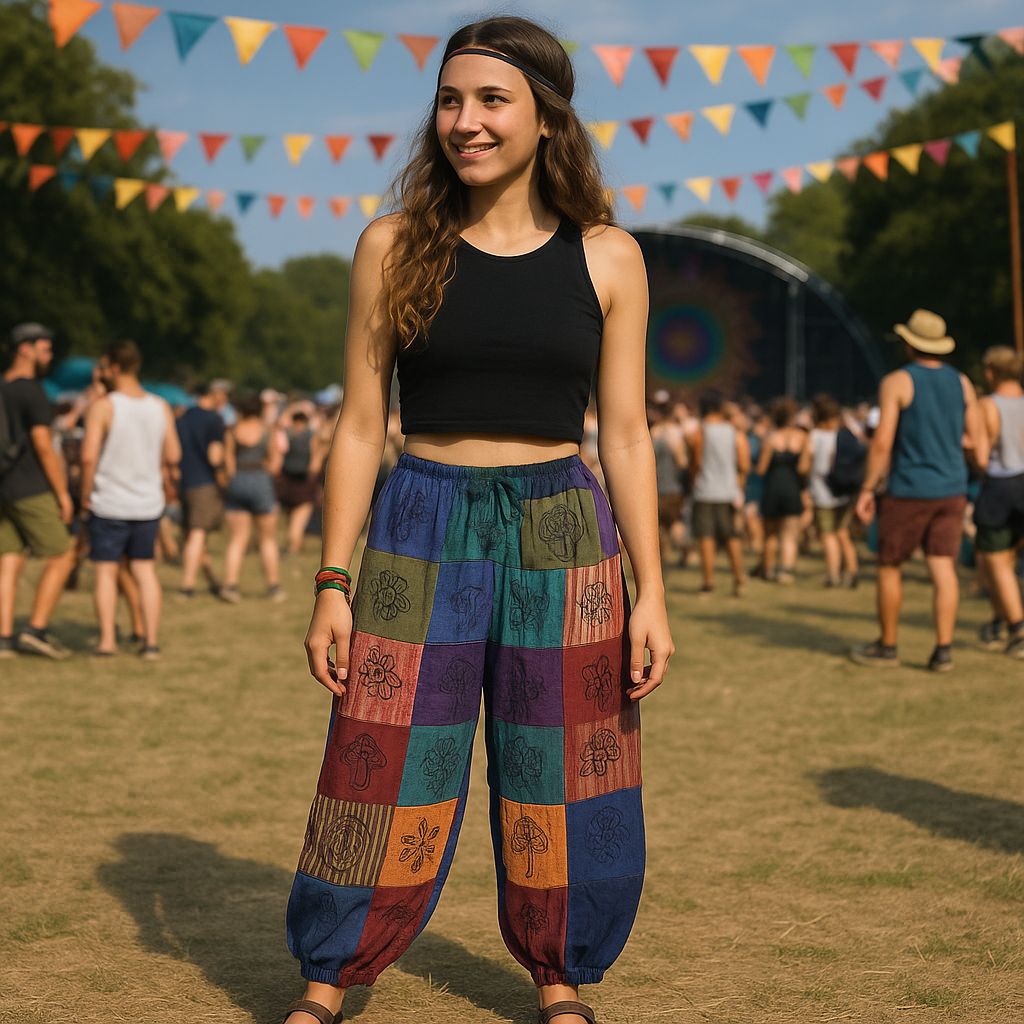 Pantalones bohemios multicolores de algodón, estilo relajado, ideales para festivales y verano.