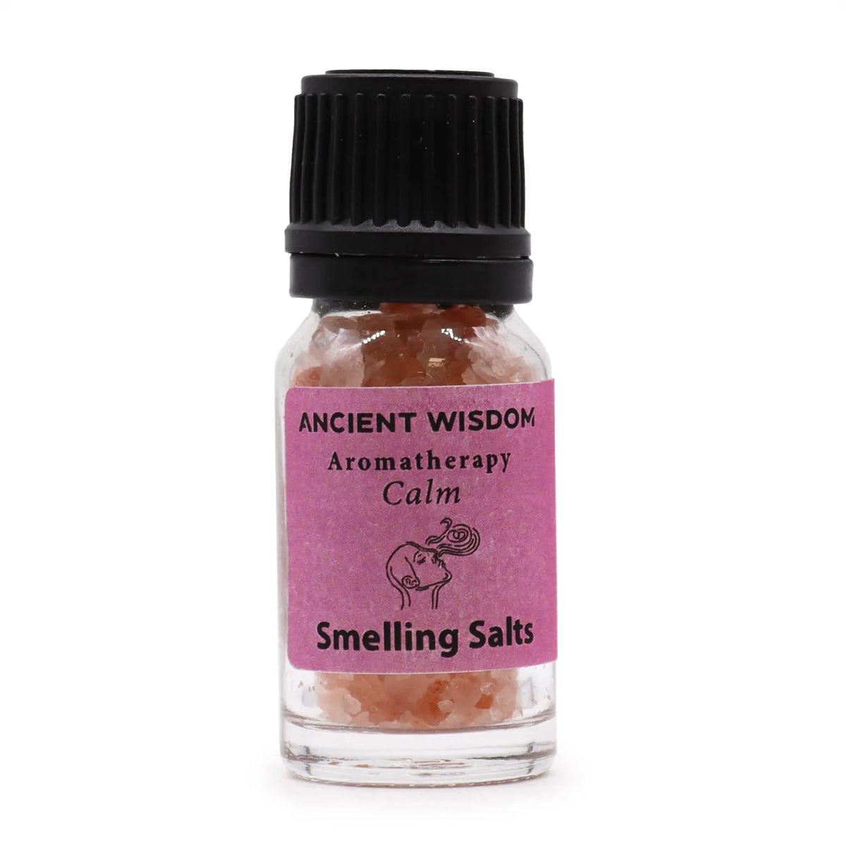 Frasco de vidrio con sales rosadas, etiqueta rosa y tapa negra. Contiene sales aromáticas relajantes.