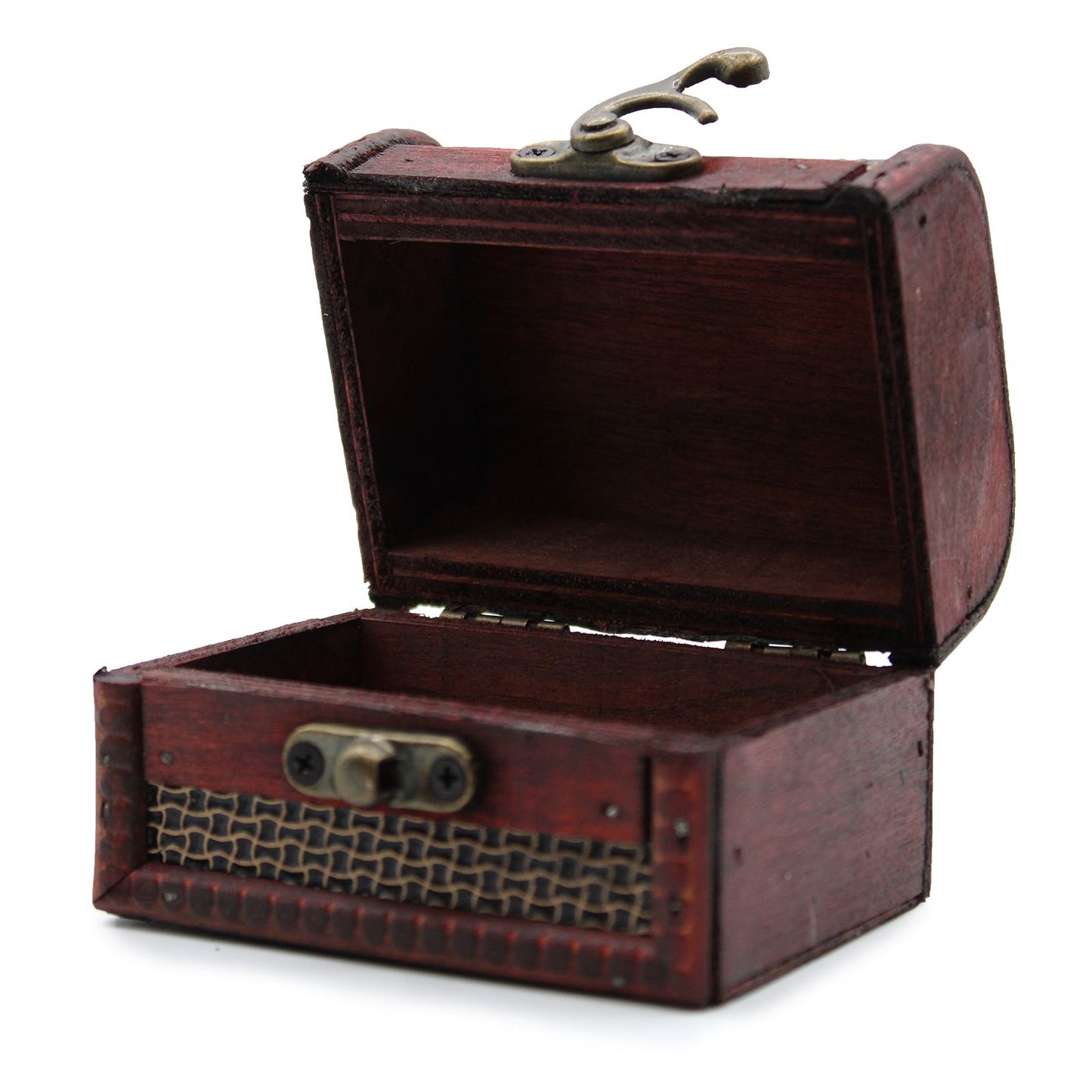 Caja de madera roja con cierre de metal, estilo vintage, ideal para almacenar joyas y pequeños objetos.