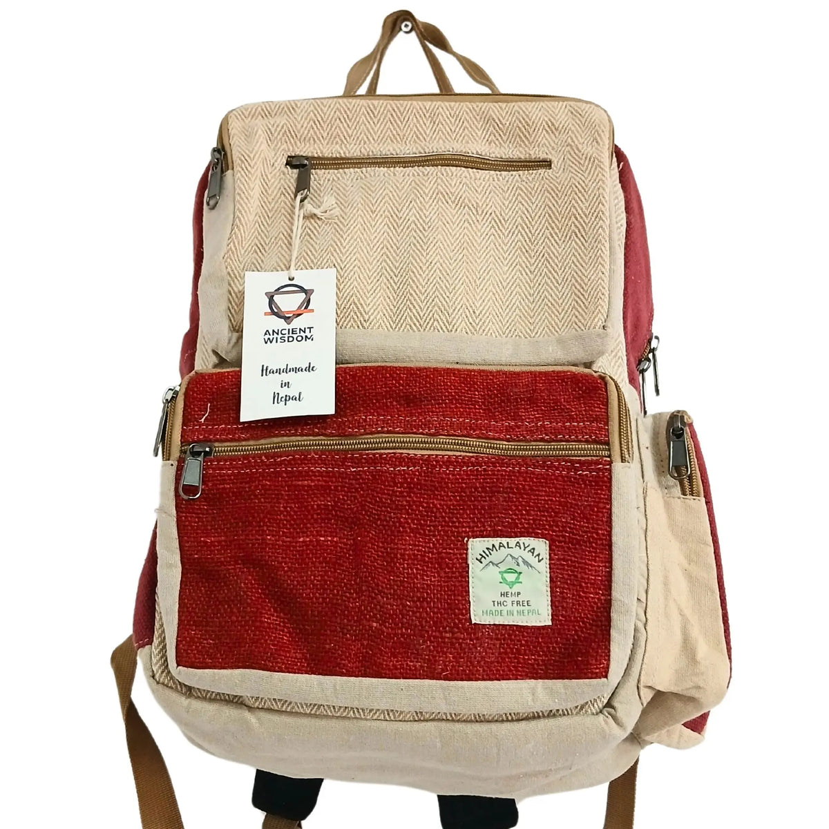 Mochila grande de cáñamo con diseño en tonos vino y crema, tejido texturizado, bolsillos con cremallera y asas.