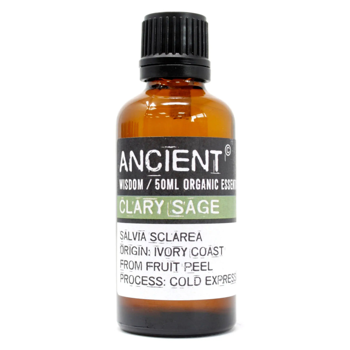 Frasco de vidrio ámbar de 50ml con aceite esencial orgánico de salvia Ancient Wisdom, tapa negra y etiqueta informativa.
