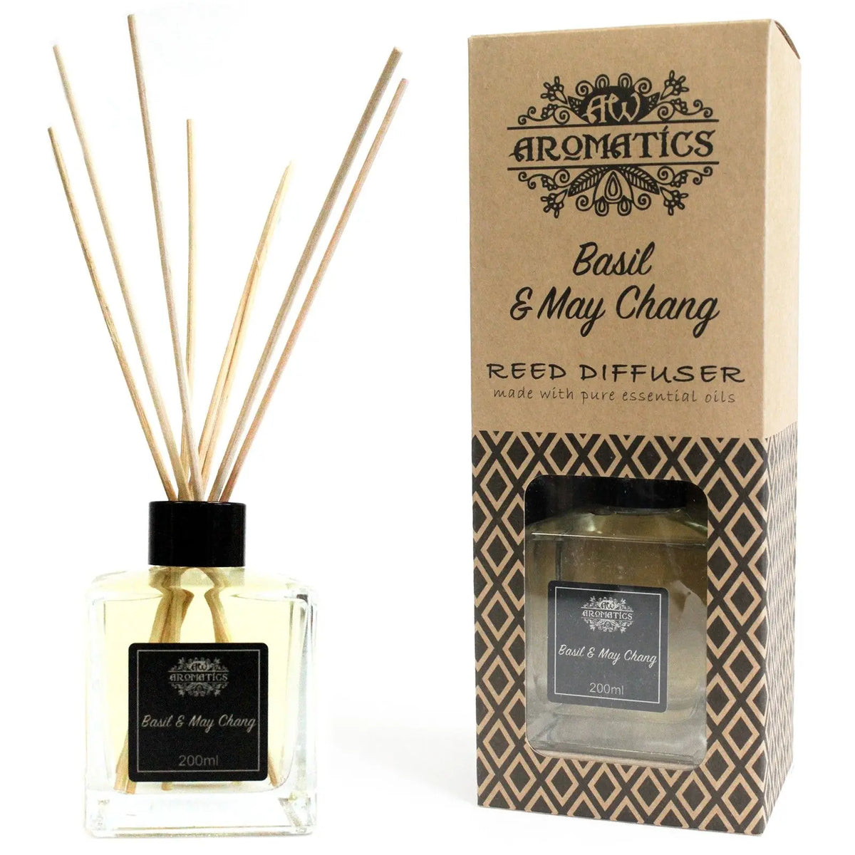Difusor de aceites de albahaca y maychang, incluye frasco de vidrio cuadrado, varillas de madera y caja de cartón kraft.