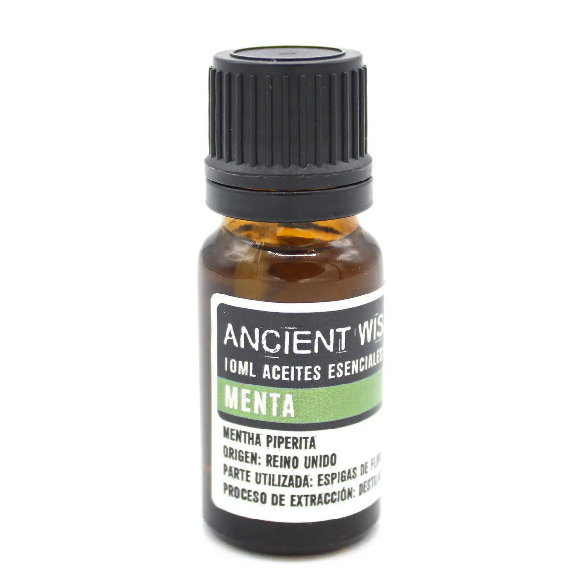 Frasco de vidrio ámbar de 10ml con tapa negra y etiqueta blanca y verde que identifica el aceite esencial de menta