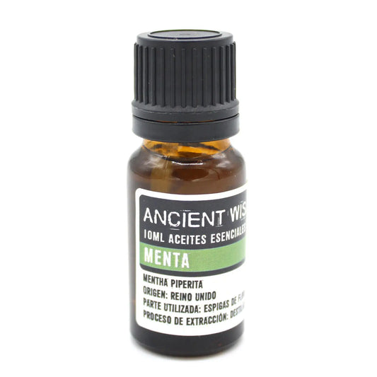 Frasco de vidrio ámbar de 10ml con tapa negra y etiqueta blanca y verde que identifica el aceite esencial de menta