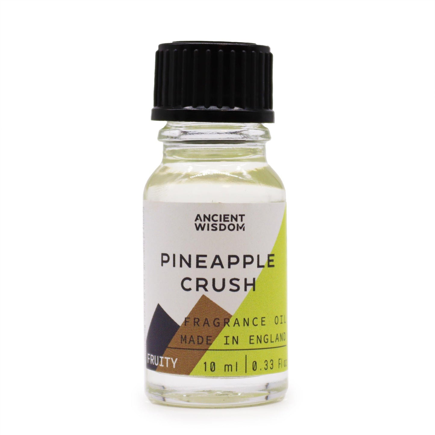 Frasco de vidrio de 10ml con aceite de fragancia de piña, tapón negro y etiqueta con diseño geométrico verde y marrón