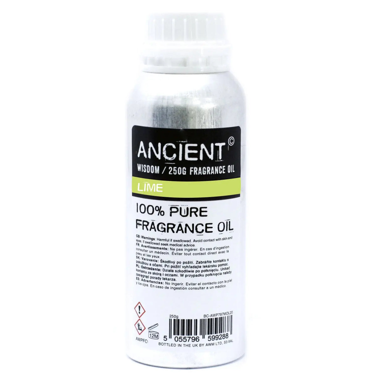 Botella de aluminio plateada de 250g con etiqueta informativa y tapón blanco, etiqueta con texto "Lima" y advertencias.