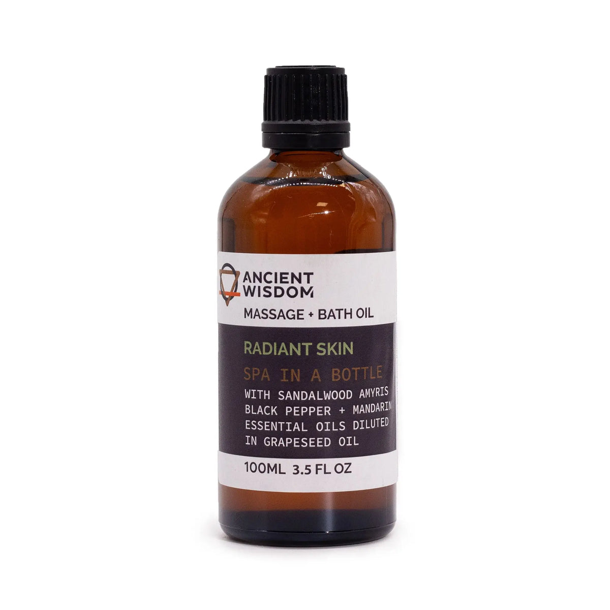 Frasco de vidrio ámbar de 100 ml con tapa negra y etiqueta blanca, conteniendo aceite de masaje para piel radiante.
