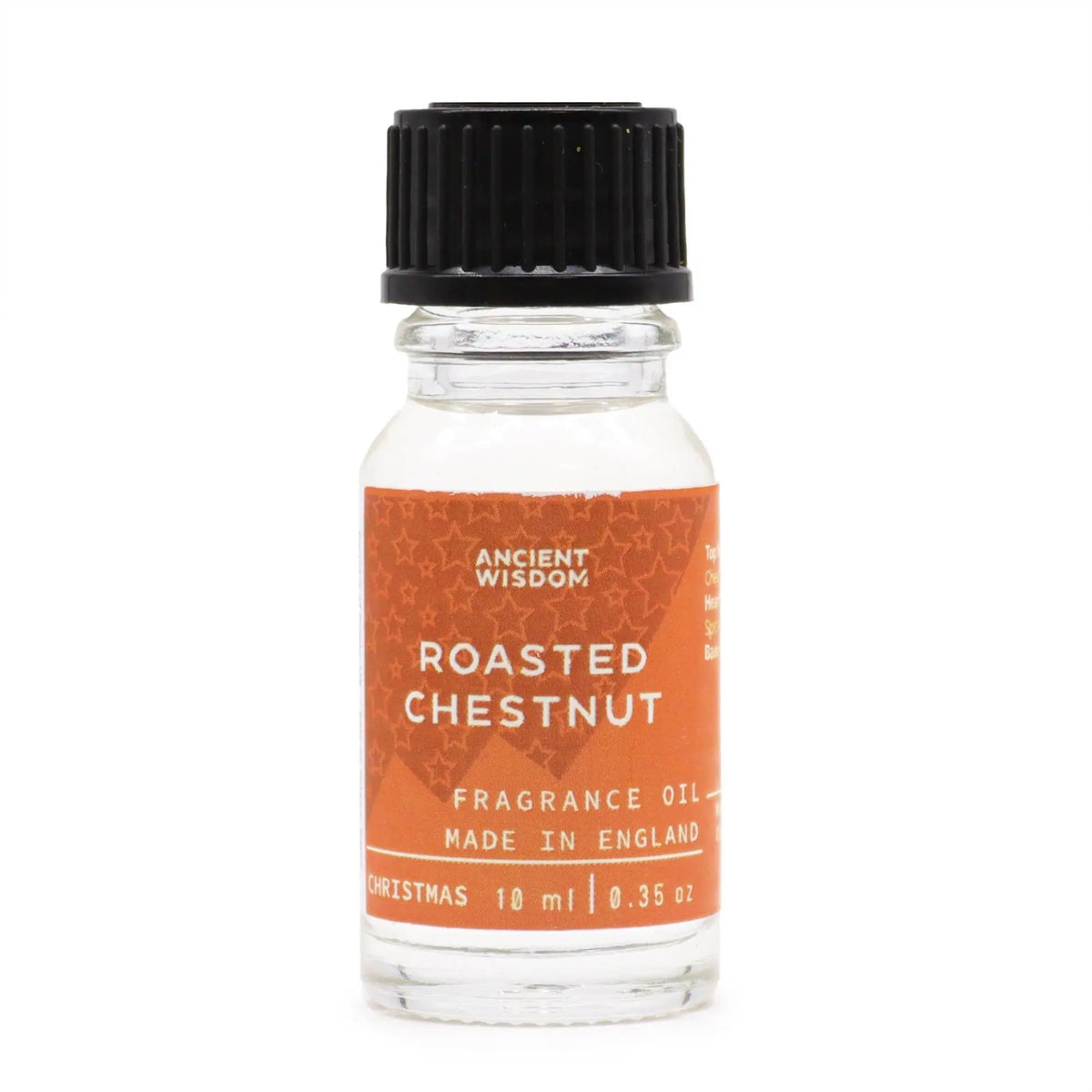 Frasco de vidrio de 10 ml con tapón negro y etiqueta naranja con texto blanco de aceite de fragancia de castañas.