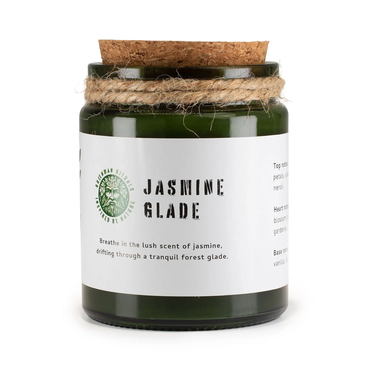 Vela de jardín "Jasmine Glade" en frasco verde, con aroma a jazmín y tapa de corcho, decorada con cuerda natural.