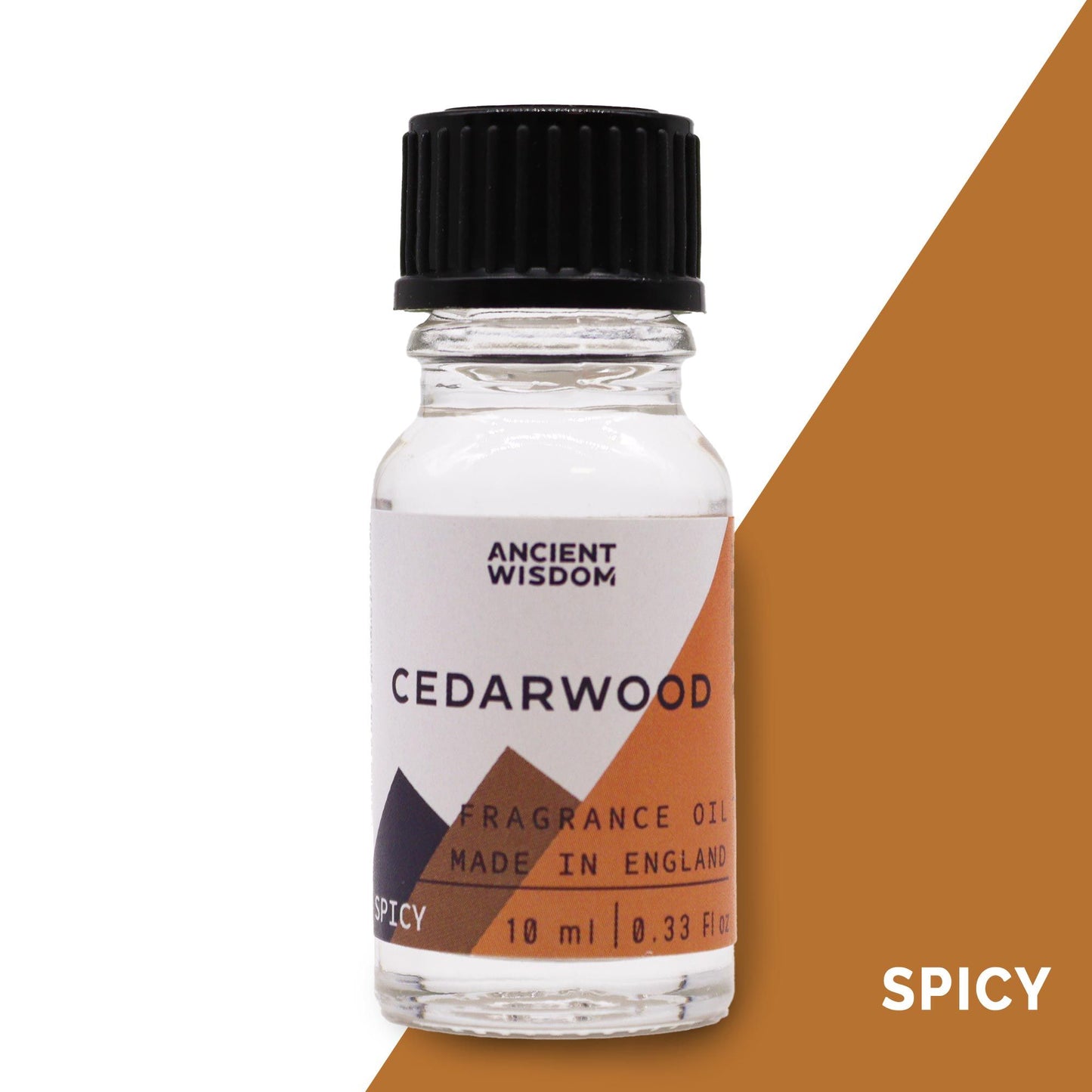Frasco de cristal transparente de 10 ml con aceite de cedro, tapa negra y etiqueta con diseño geométrico color tierra.