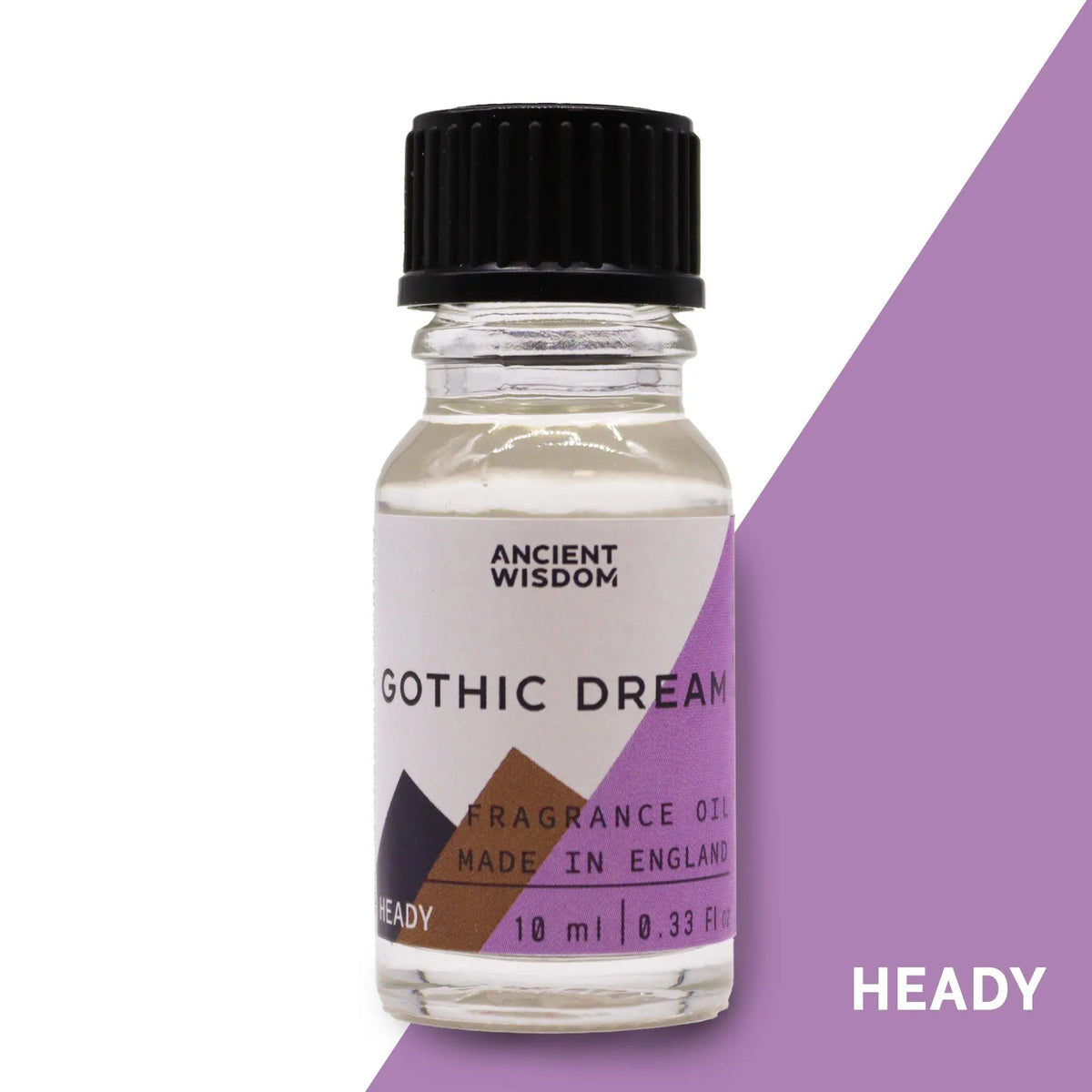 Frasco de vidrio de 10ml con aceite de fragancia, tapa negra y etiqueta con motivos geométricos en tonos lila y café.