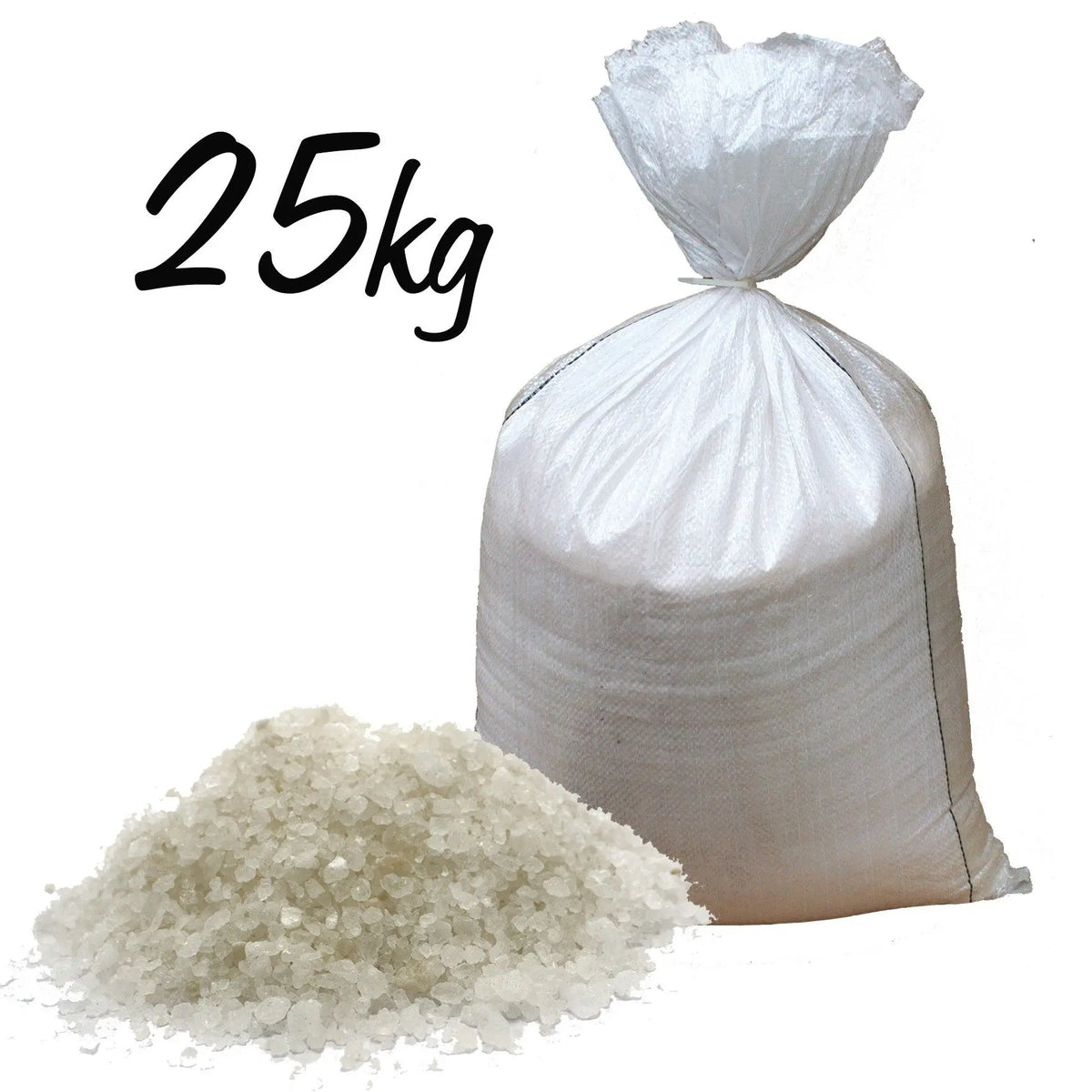 Saco blanco de 25kg con cristales de sal del Himalaya (3-5mm) para purificar ambientes. Marca Ancient Wisdom.
