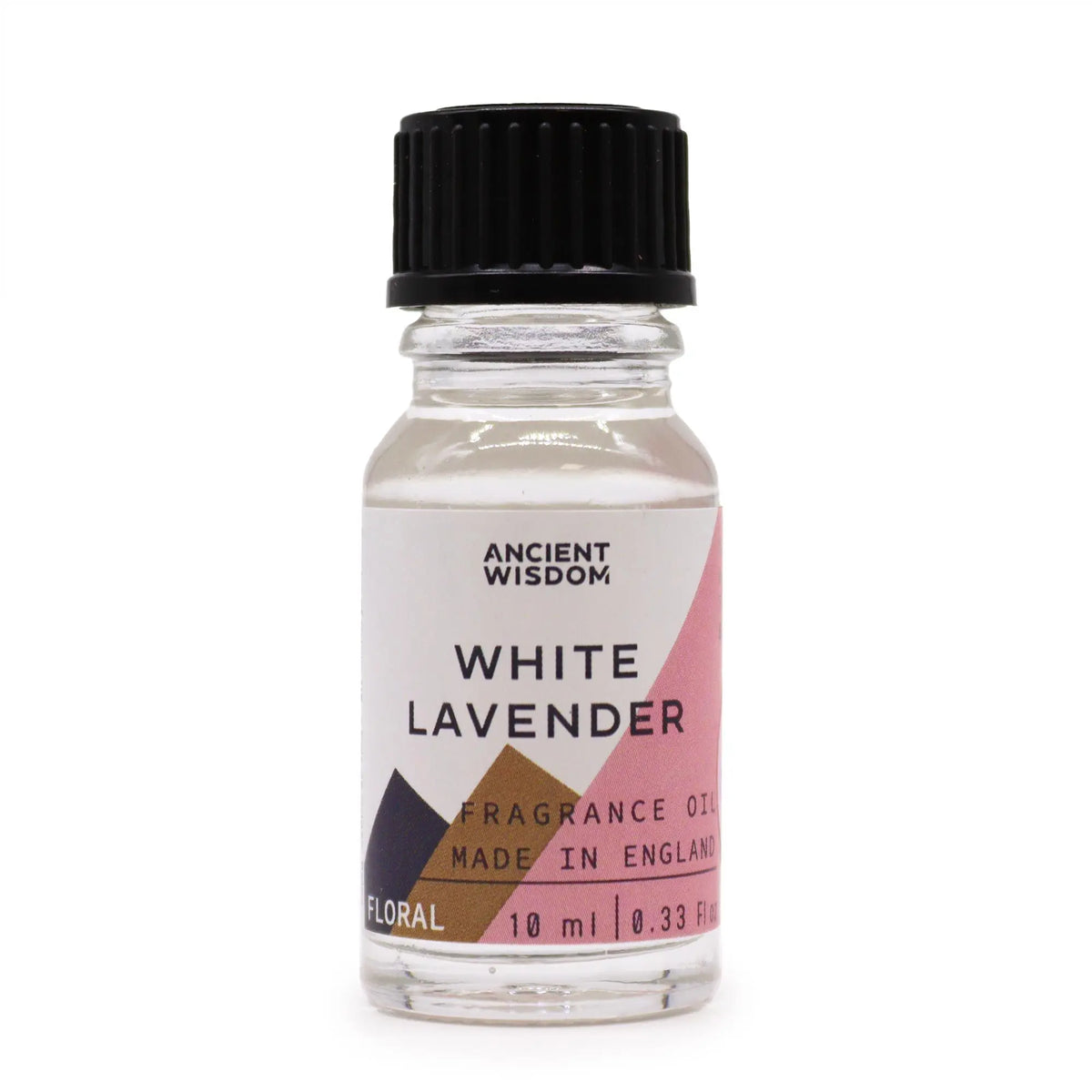 Frasco de vidrio de 10 ml con aceite perfumado de lavanda, tapa negra y etiqueta blanca con detalles en rosa y marrón.