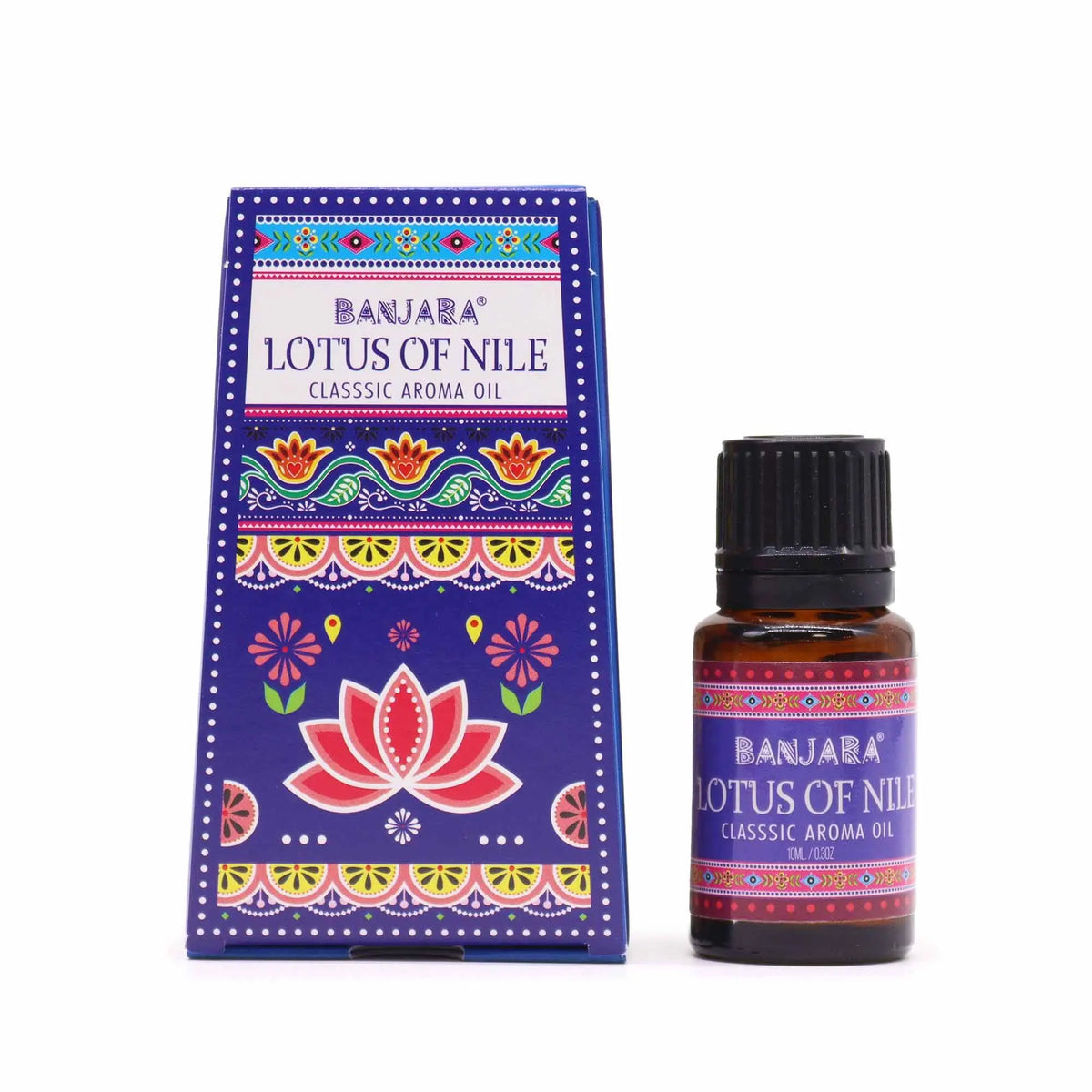 Frasco de aceite esencial de 10ml y su caja azul decorada con motivos florales coloridos y diseño étnico.