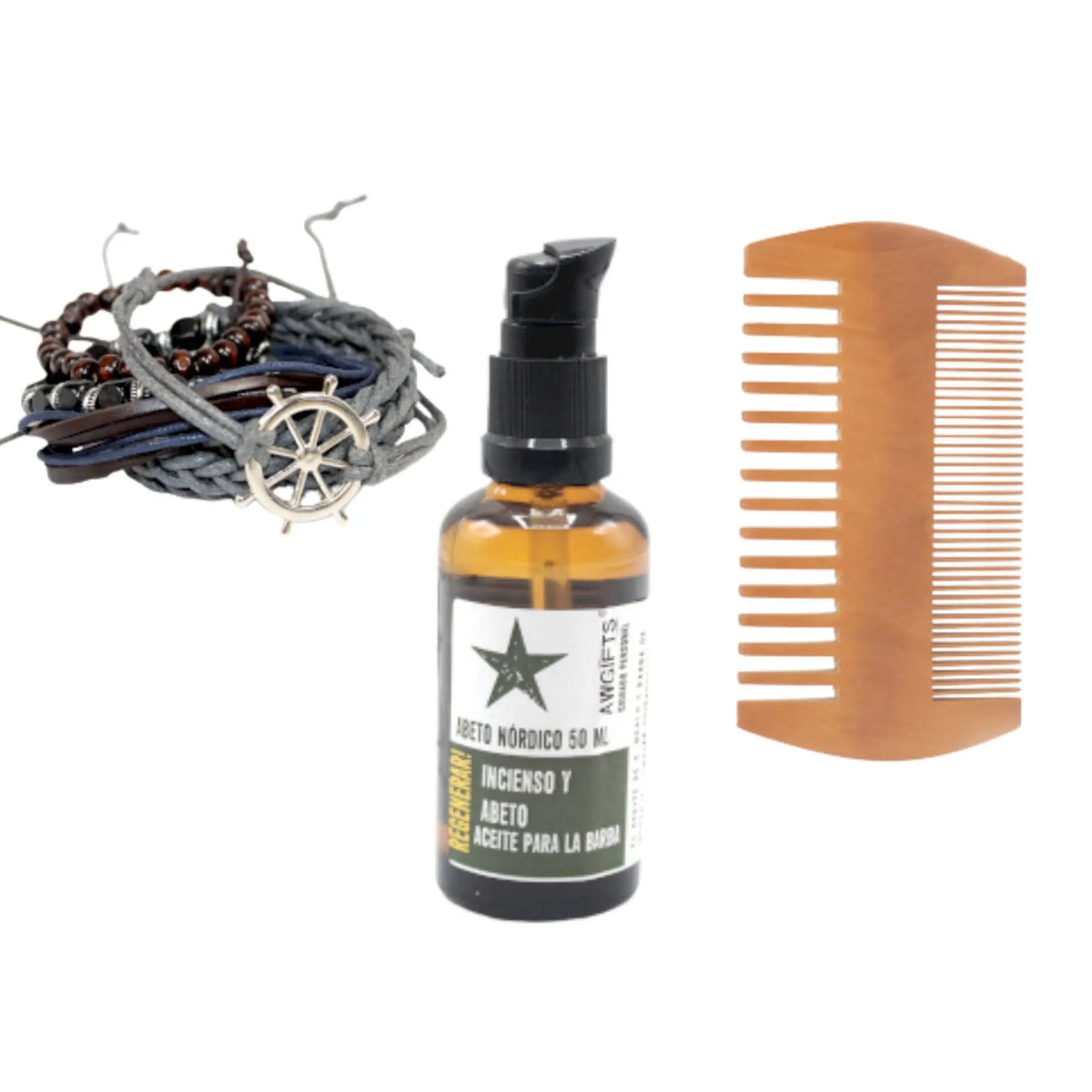 Set de regalo: pulseras de cuero, aceite de barba Ancient Wisdom con aroma a abeto y peine de madera sobre fondo blanco.