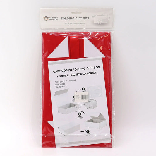 Caja de regalo roja, plegable, de cartón, con cierre magnético y cinta, presentada en su empaque original sellado.