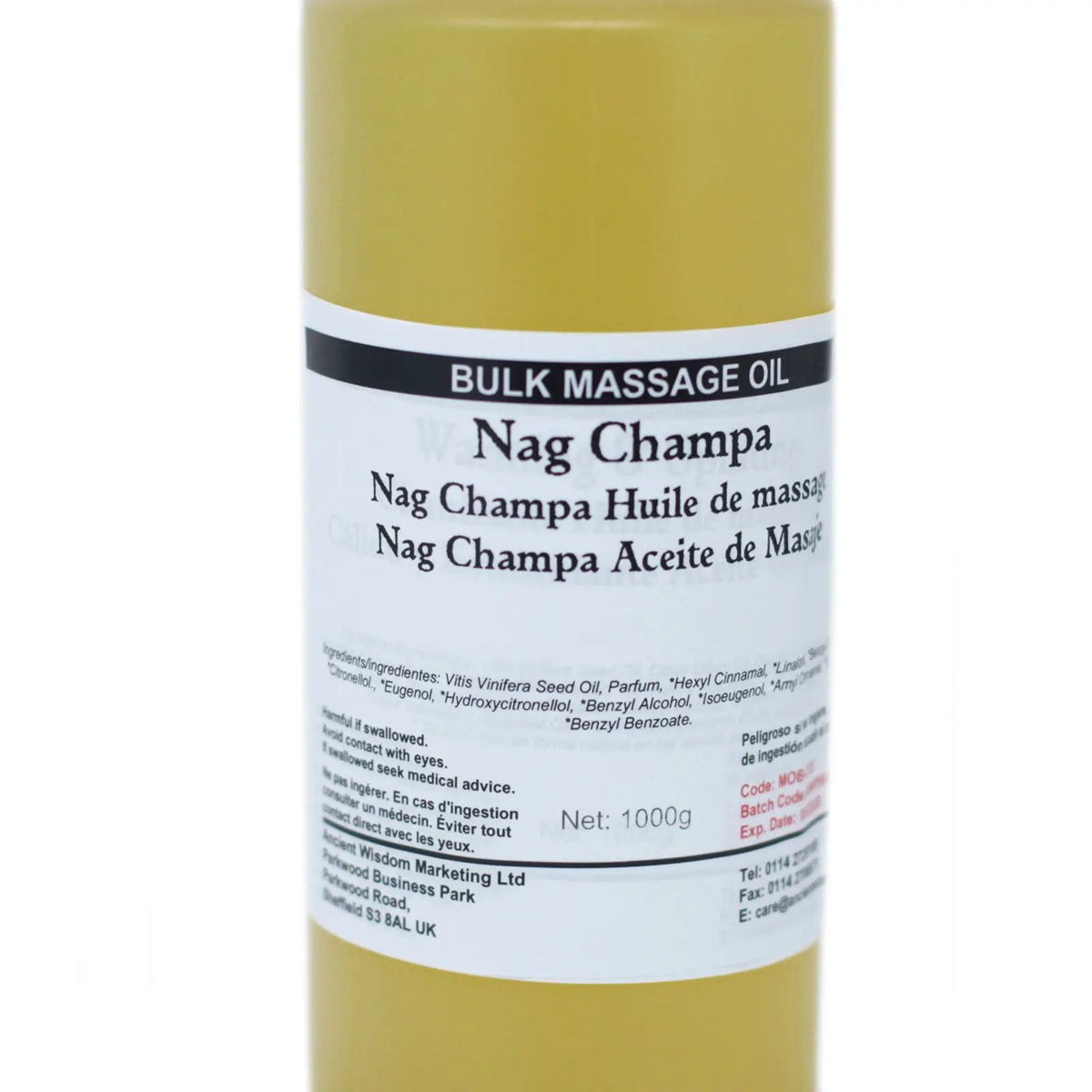 Botella cilíndrica de 1kg con aceite de masaje color amarillo dorado y etiqueta informativa sobre fondo blanco.