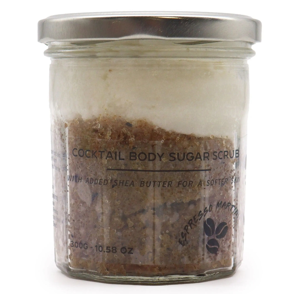 Frasco de vidrio con exfoliante de azúcar bicolor, tapa metálica y etiqueta con texto sobre fondo blanco.
