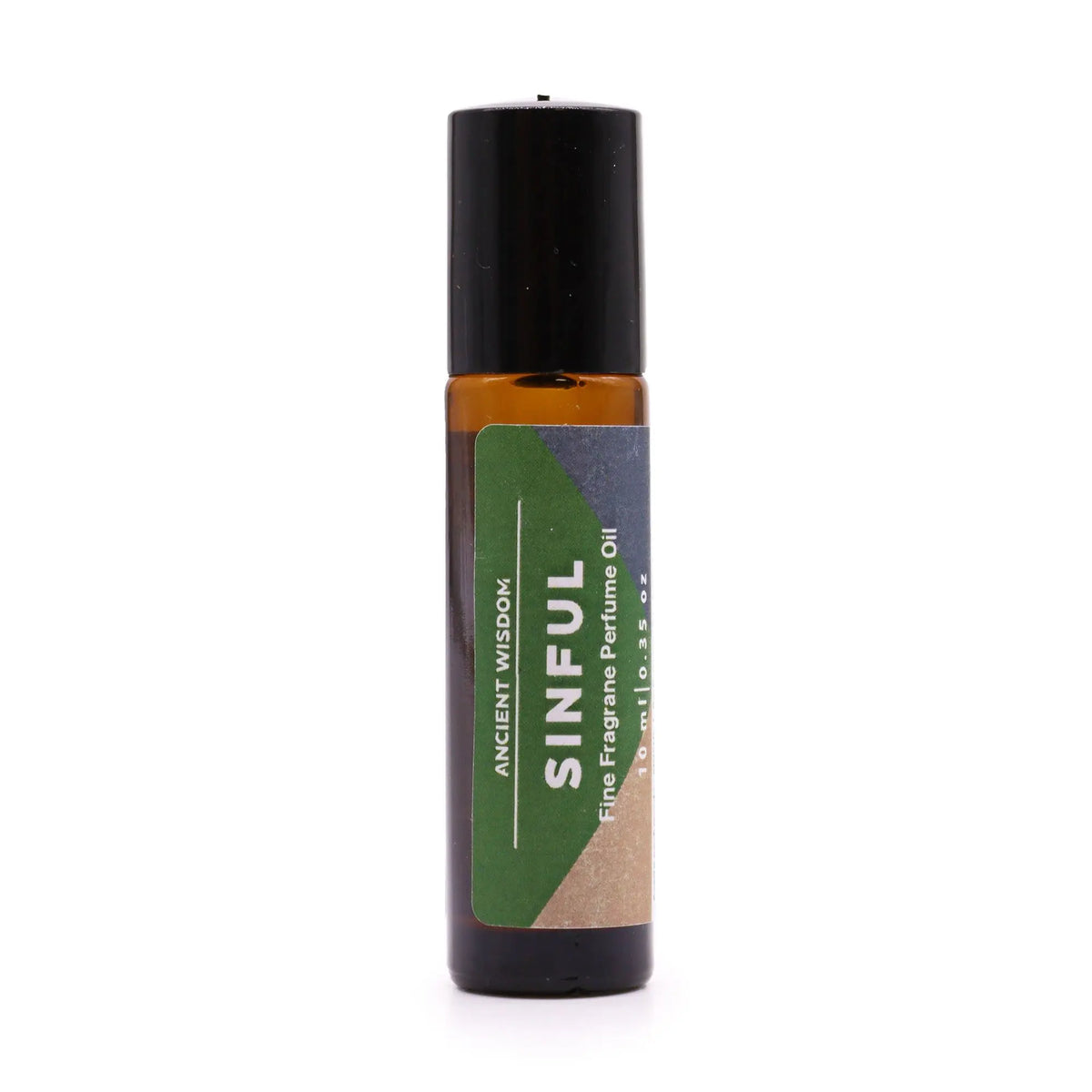 Frasco de vidrio ámbar de 10 ml con aplicador roll-on y etiqueta verde con texto blanco sobre fondo blanco.