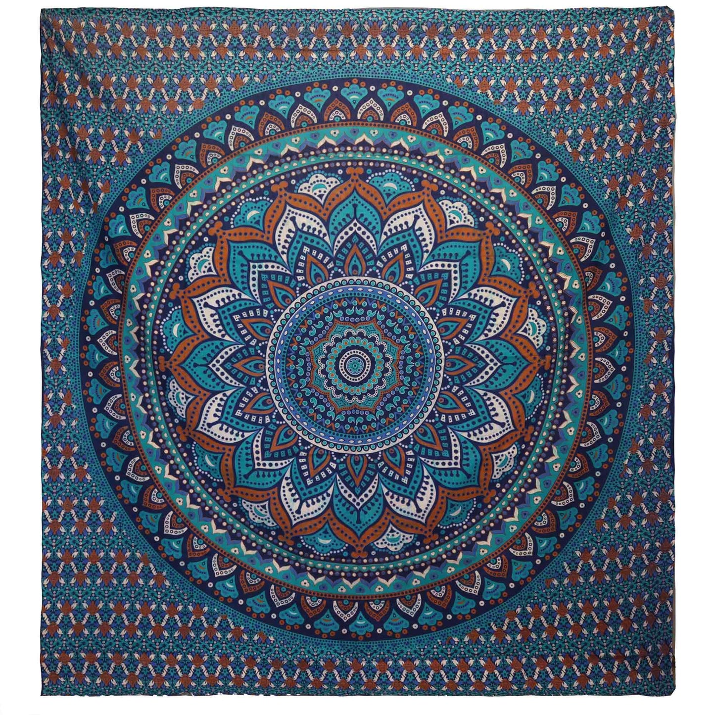 Tapestry mandala azul y terracota, algodón suave, diseño bohemio ideal para decoración de pared o colchoneta.