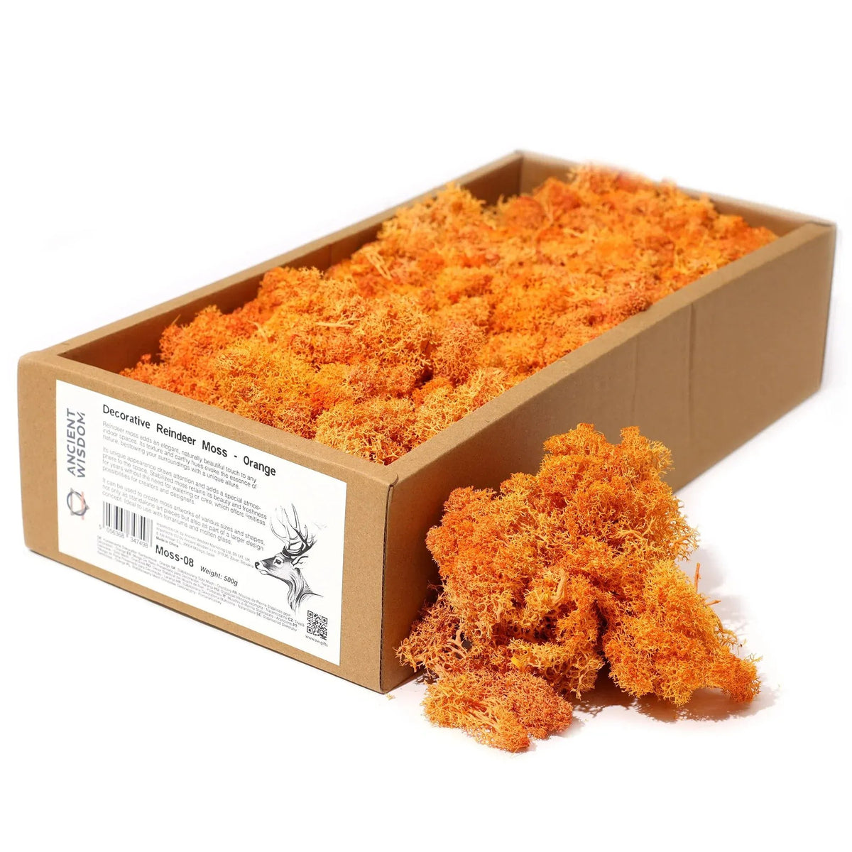 Caja de cartón llena de musgo decorativo estabilizado de color naranja vibrante y textura esponjosa.