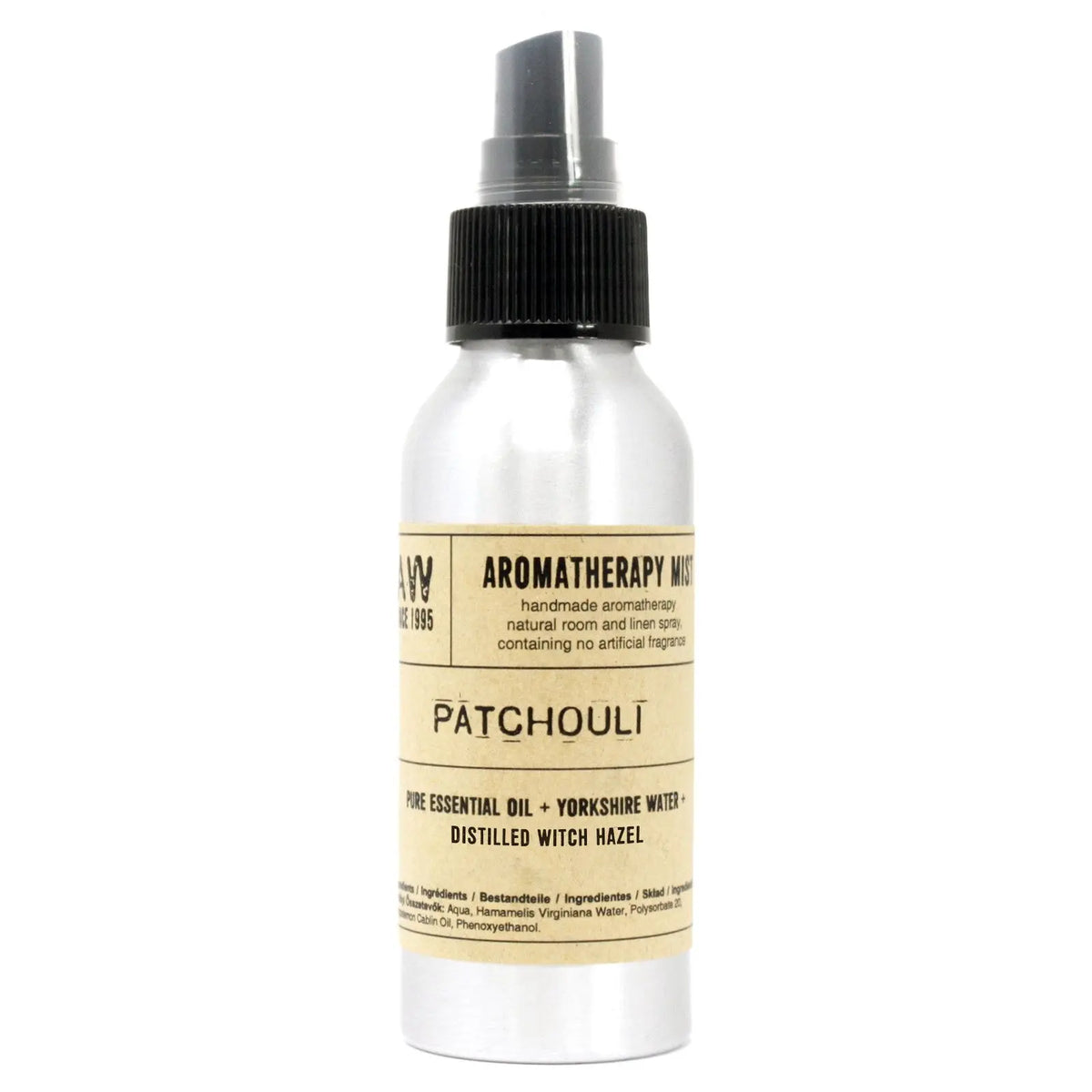 Aromaterapia spray de pachulí, en botella metálica plateada, con agua de Yorkshire y extracto de avellana.