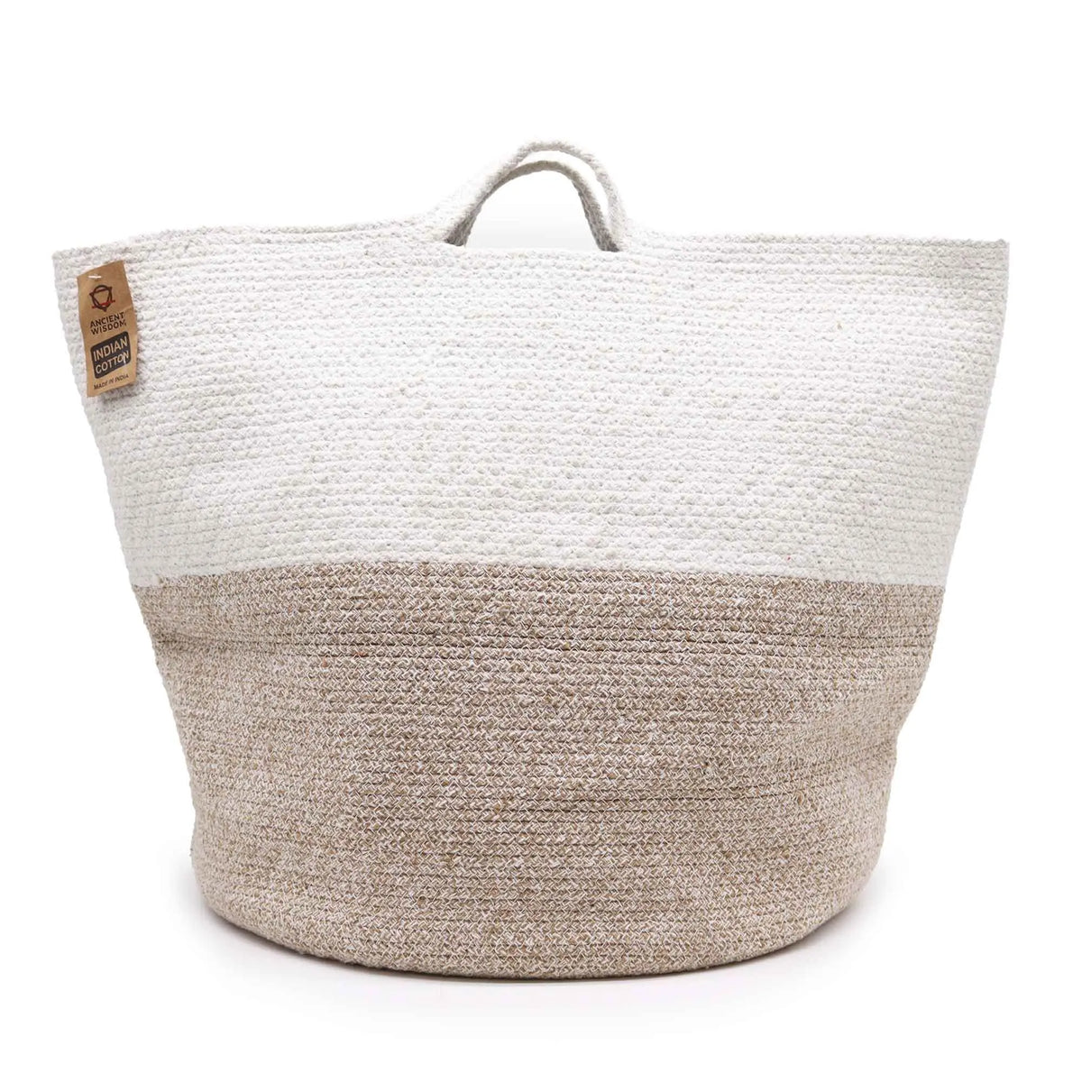Bolsa grande de yute blanca y beige, estilo moderno, perfecta para playa o compra.