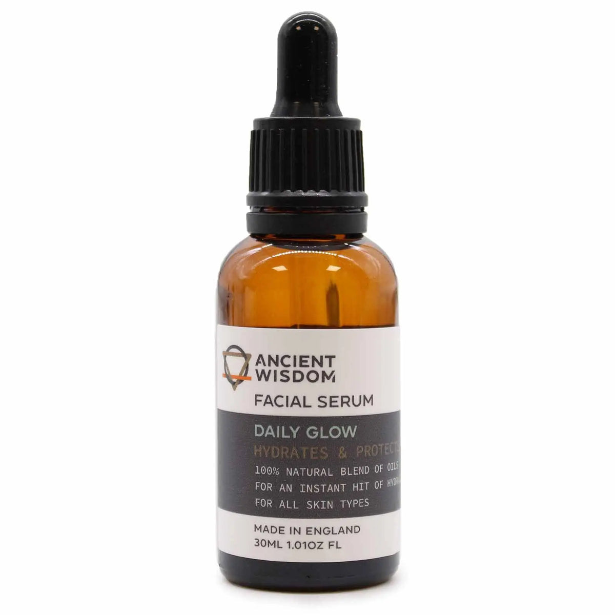 Frasco de vidrio ámbar con gotero negro de Ancient Wisdom. Serum facial Brillo Diario en etiqueta blanca y gris.