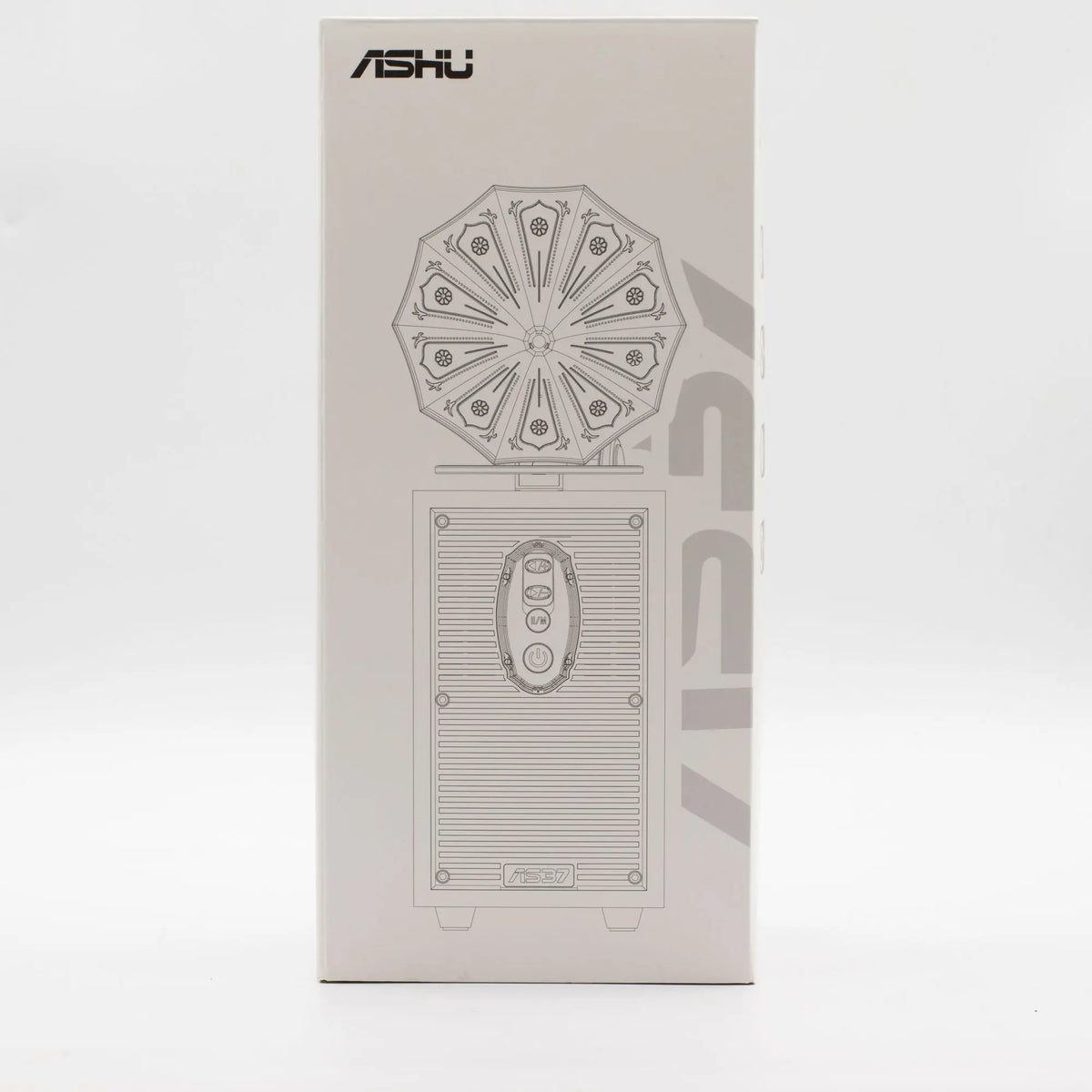 Caja blanca con dibujo lineal gris de altavoz Bluetooth estilo gramófono retro de la marca ASHU.