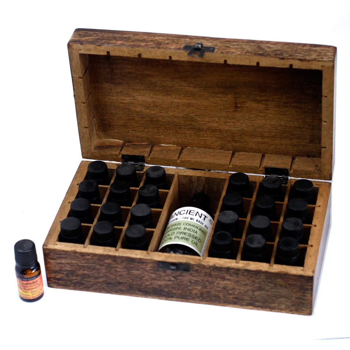 Caja de madera de mango con compartimentos para aceites esenciales, incluyendo frascos pequeños.