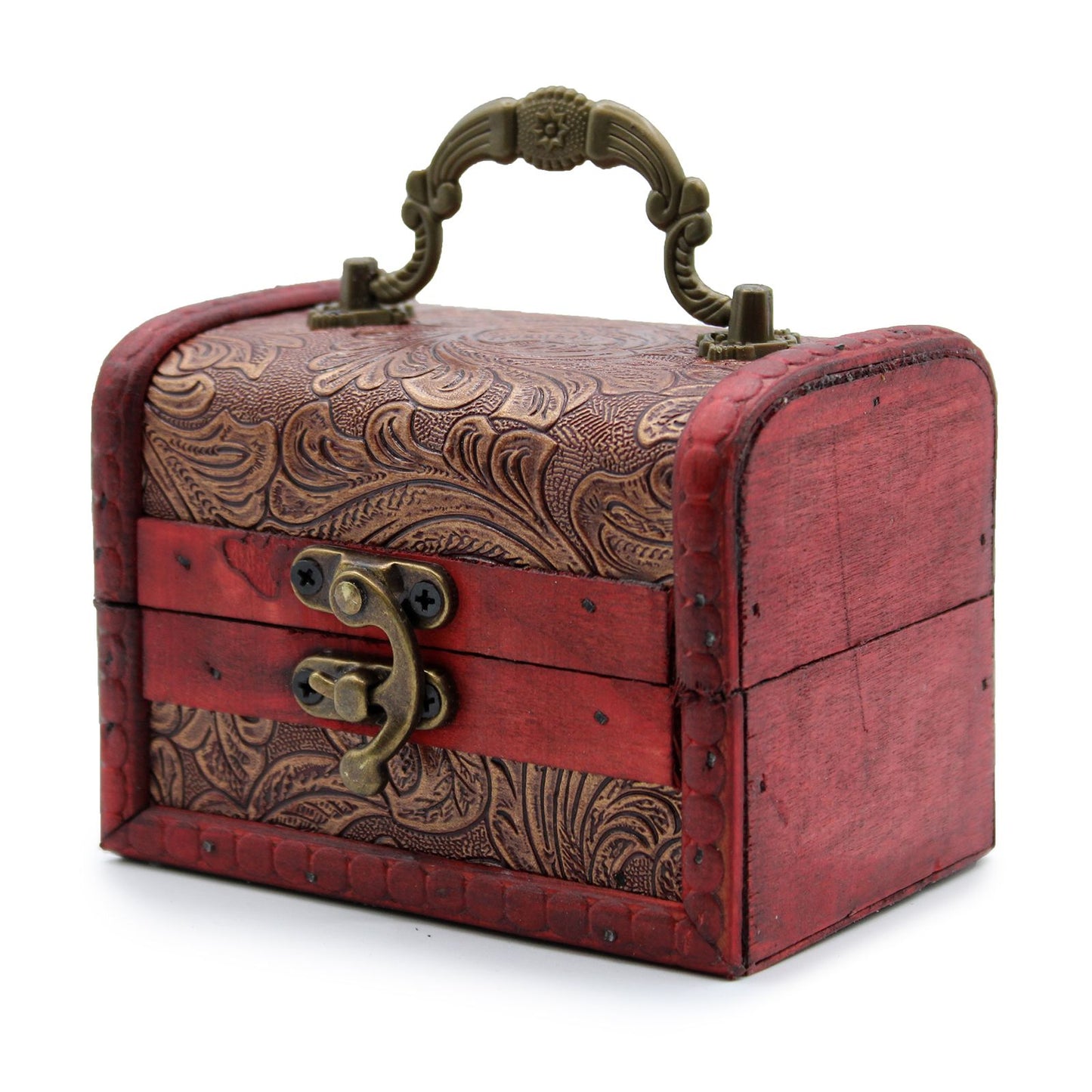 Caja decorativa vintage roja con detalles en metal y diseño en relieve, ideal para almacenamiento y decoración.