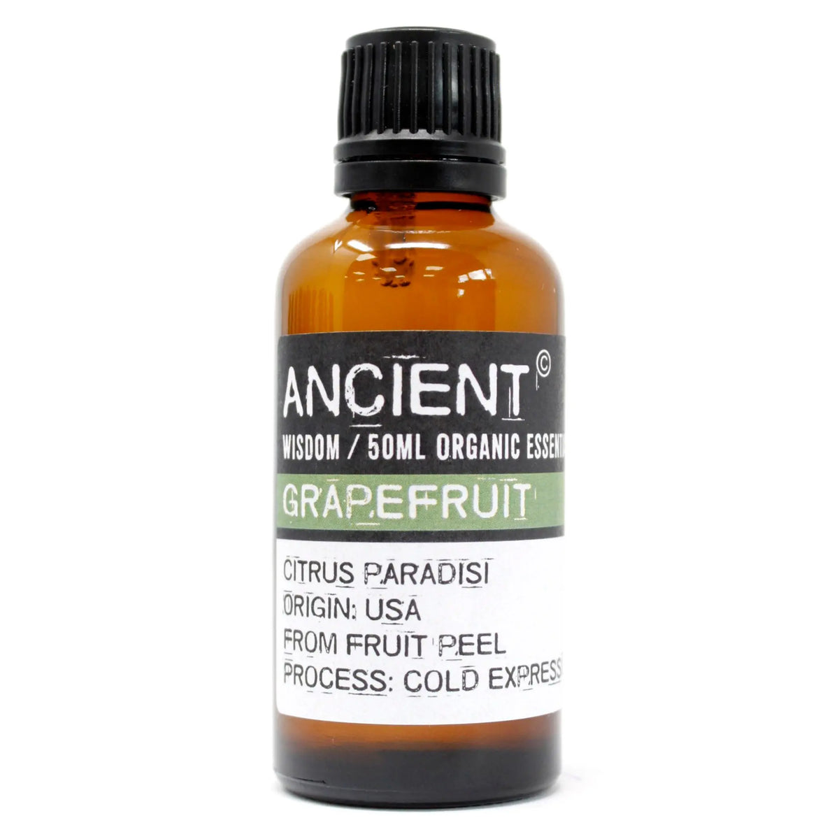 Frasco de vidrio ámbar de 50ml con tapa negra y etiqueta blanca/verde de Aceite Esencial de Pomelo Ancient Wisdom.