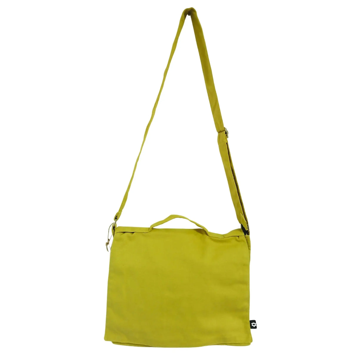 Bolsa mensajera para portátil de lona color mostaza, con correa ajustable y asa superior, sobre fondo blanco.