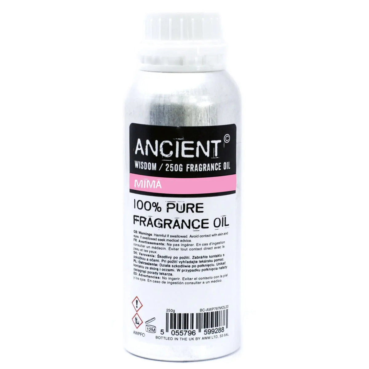 Botella de aluminio plateada de 250g con tapa blanca y etiqueta informativa en blanco y negro sobre fondo rosado.