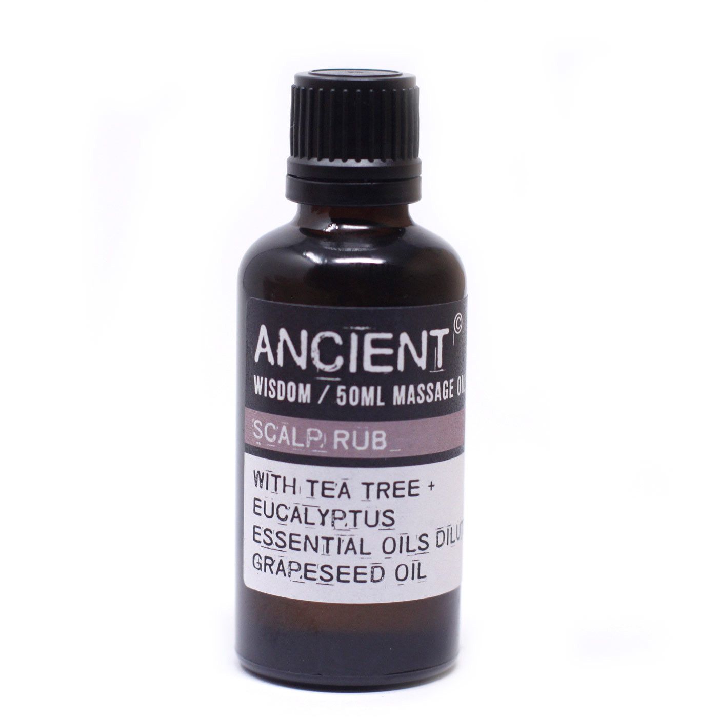 Frasco de vidrio ámbar de 50ml con tapa negra, contiene aceite de masaje para cuero cabelludo con té y eucalipto.