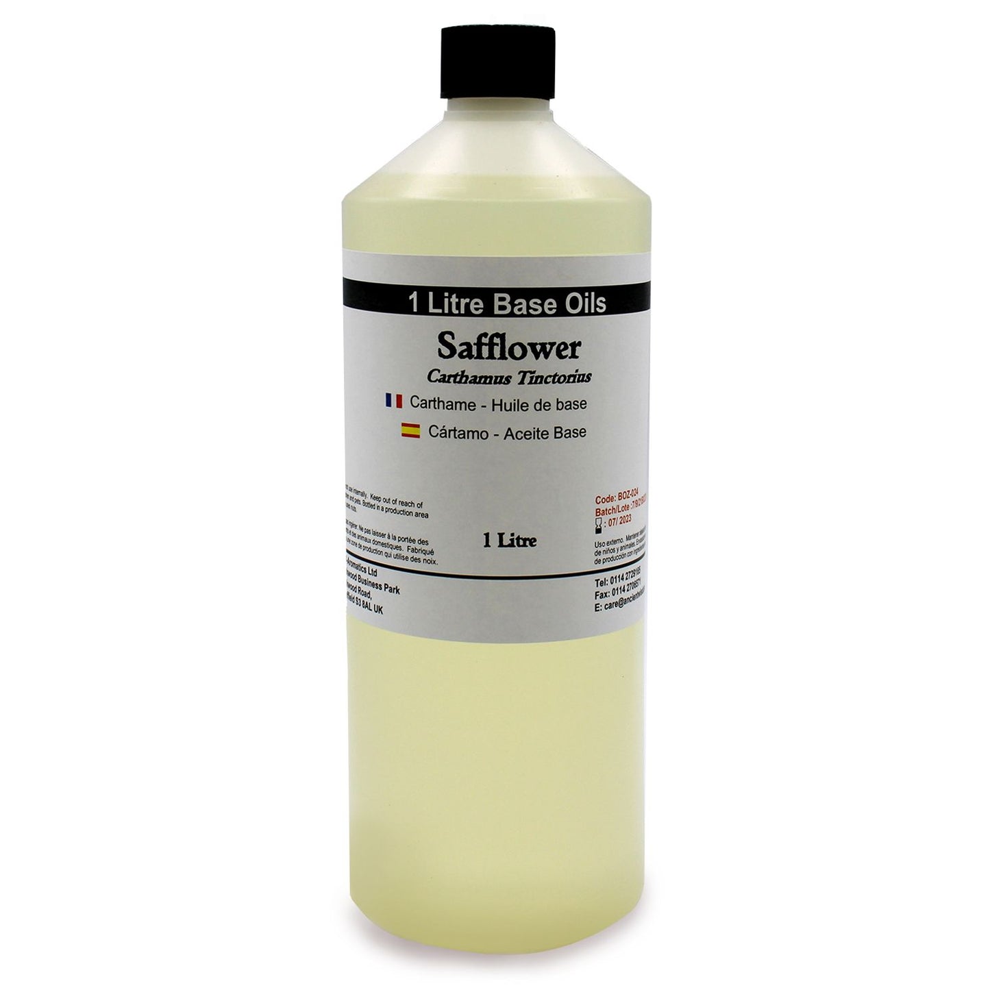 Aceite base de cártamo de 1 litro, transparente y suave, ideal para cosméticos y masajes.