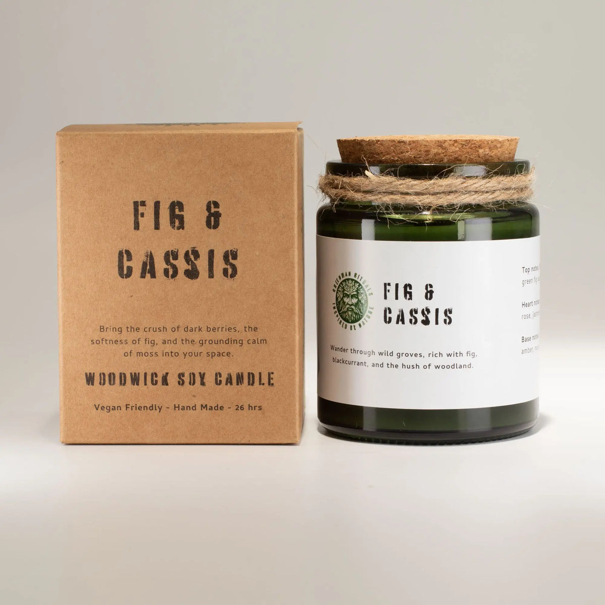 Vela de soja vegana "Higo y Cassis", frascos verdes, tapa de corcho, aroma afrutado, 26 horas de duración.